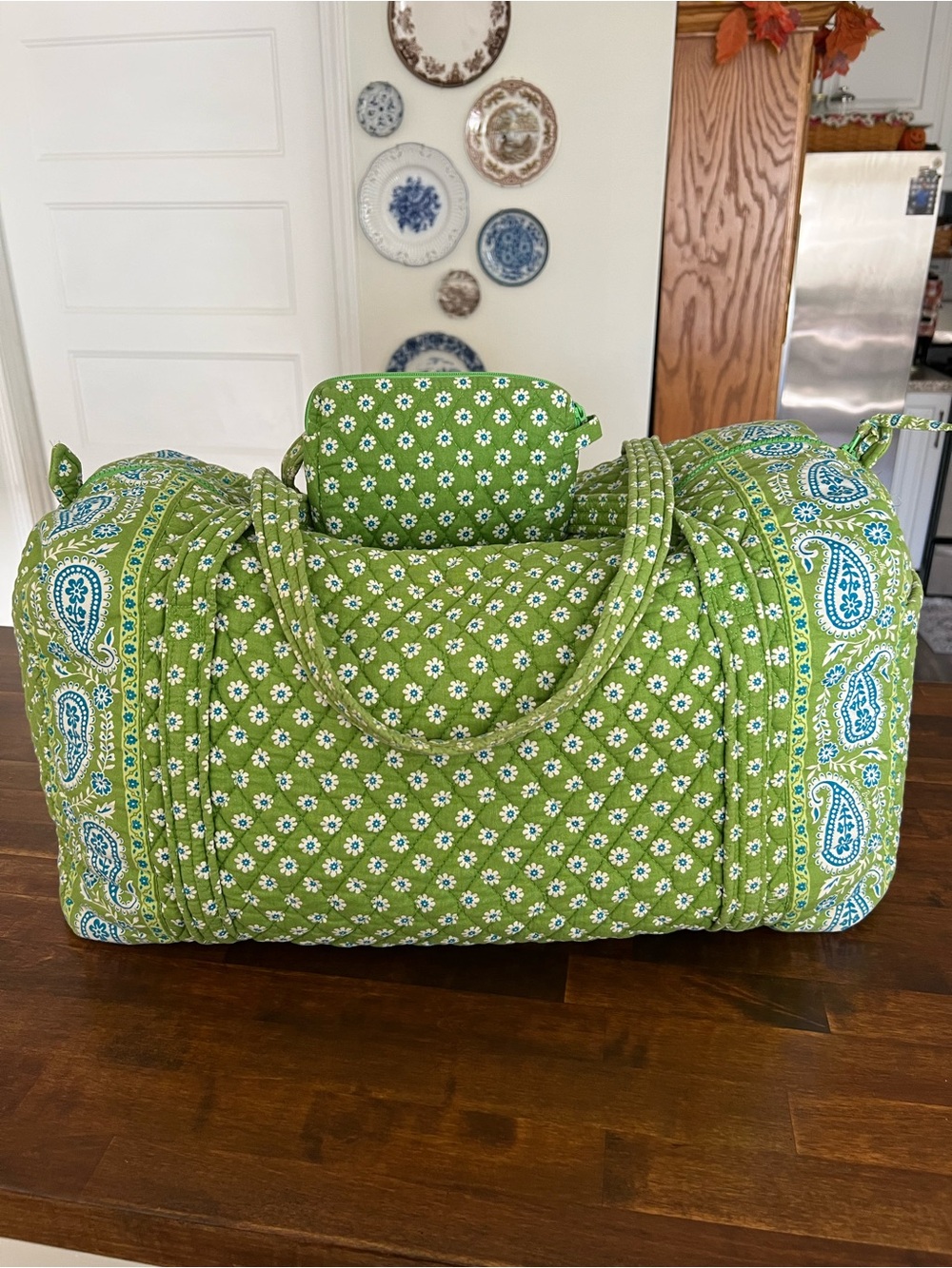 Vera Bradley Vintage Apple Green Duffel & Small Cosmetic Bag